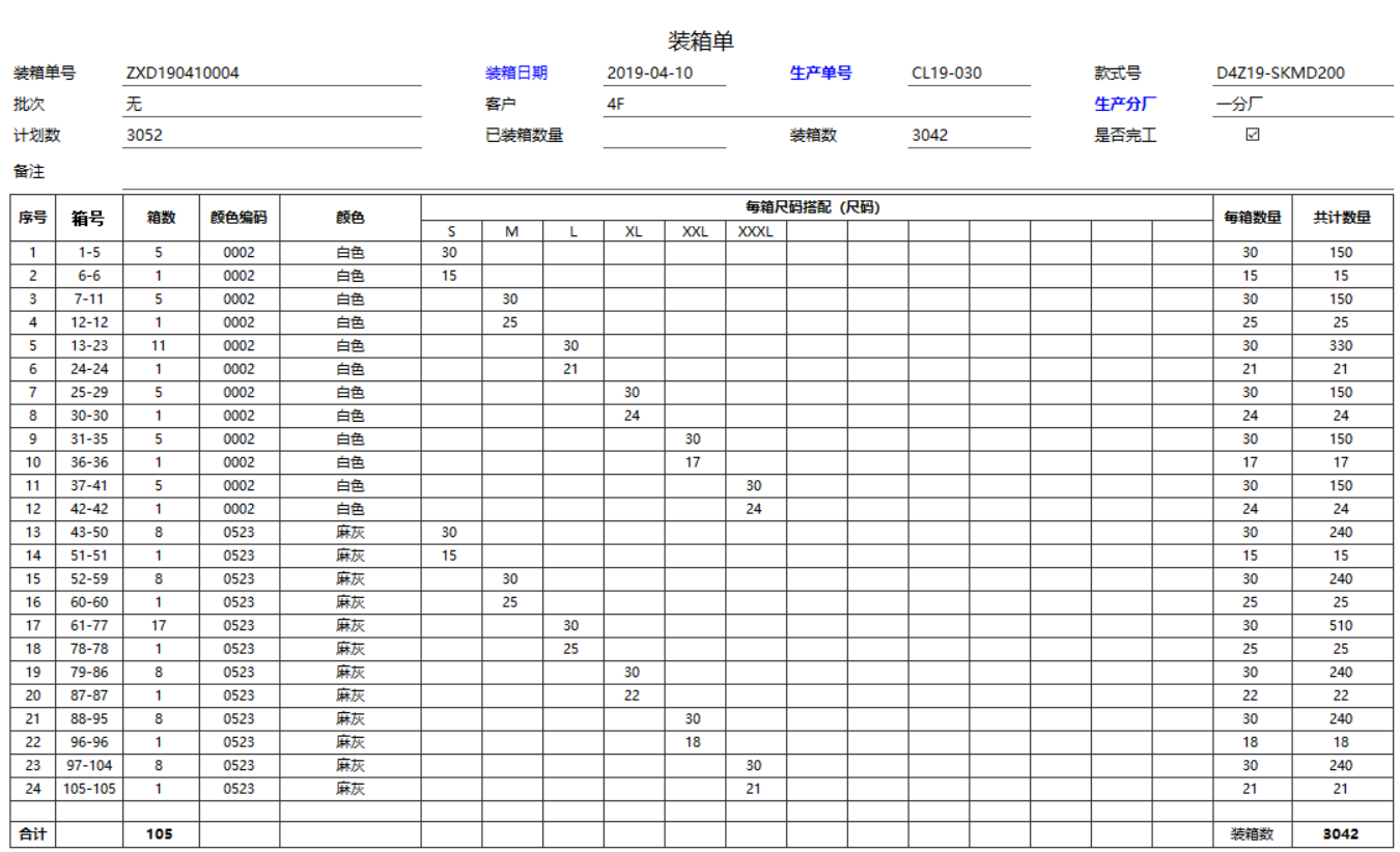 服裝ERP管理系統(tǒng)裝箱報表（連續(xù)箱號合并)